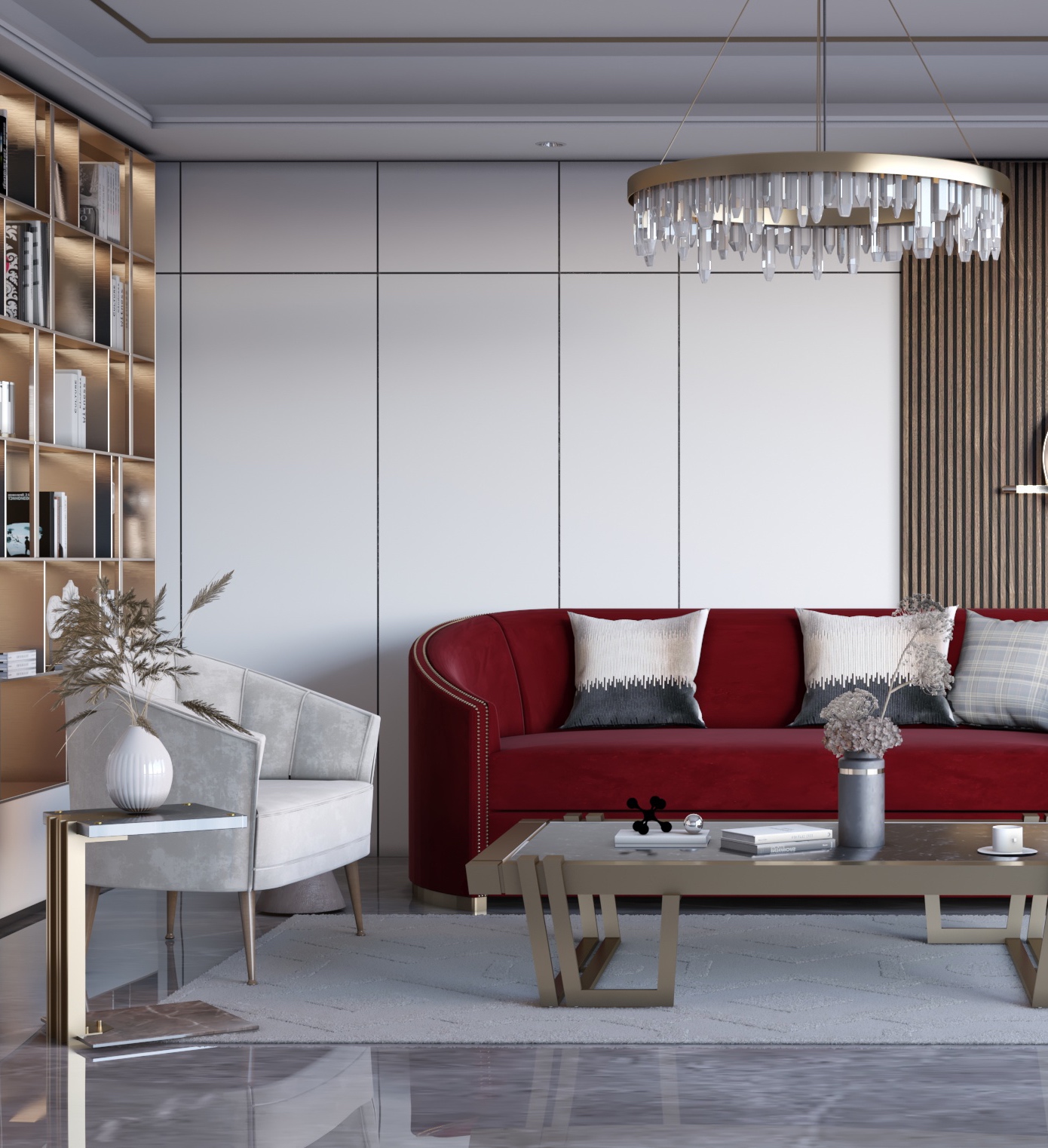Contemporary living room combining neutral and bold tones
