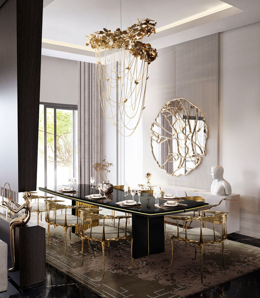 A STRIKING CONTEMPORARY DINING ROOM WITH METAL ACCENTS