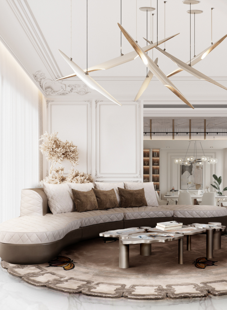 A LUXURY LIVING ROOM IN WARM TONES WITH STATEMENT LIGHTING PIECES