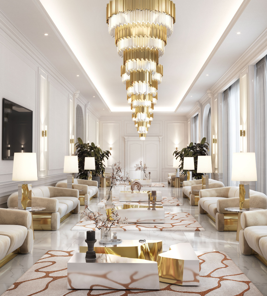 WHITE AND GOLD SHINE BRIGHT IN THIS LUXURY HOTEL LOBBY
